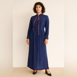 Q2 Collection Navy Polka Dot Maxi Dress Sheer Sleeve Tie Neck NWT S